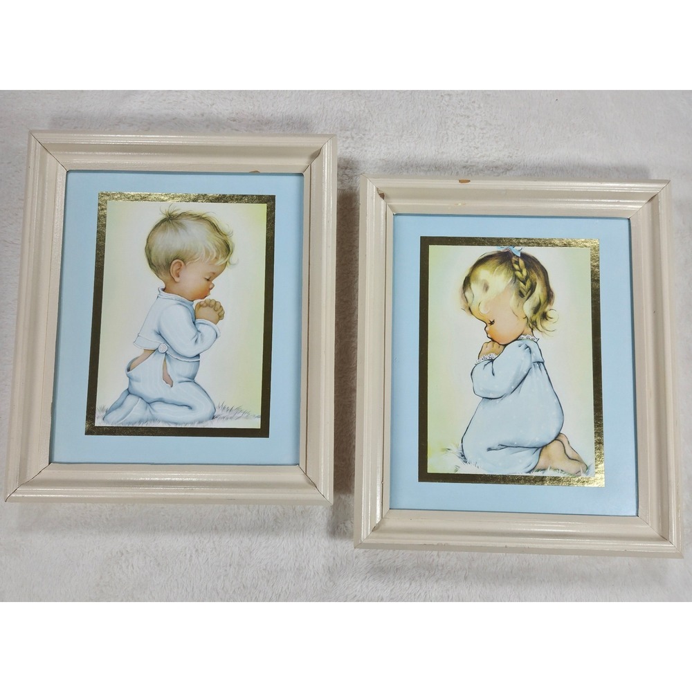 VTG Pair Charlot Byj Prints Framed Gold Foil Mat Praying Boy GIrl Nursery Art